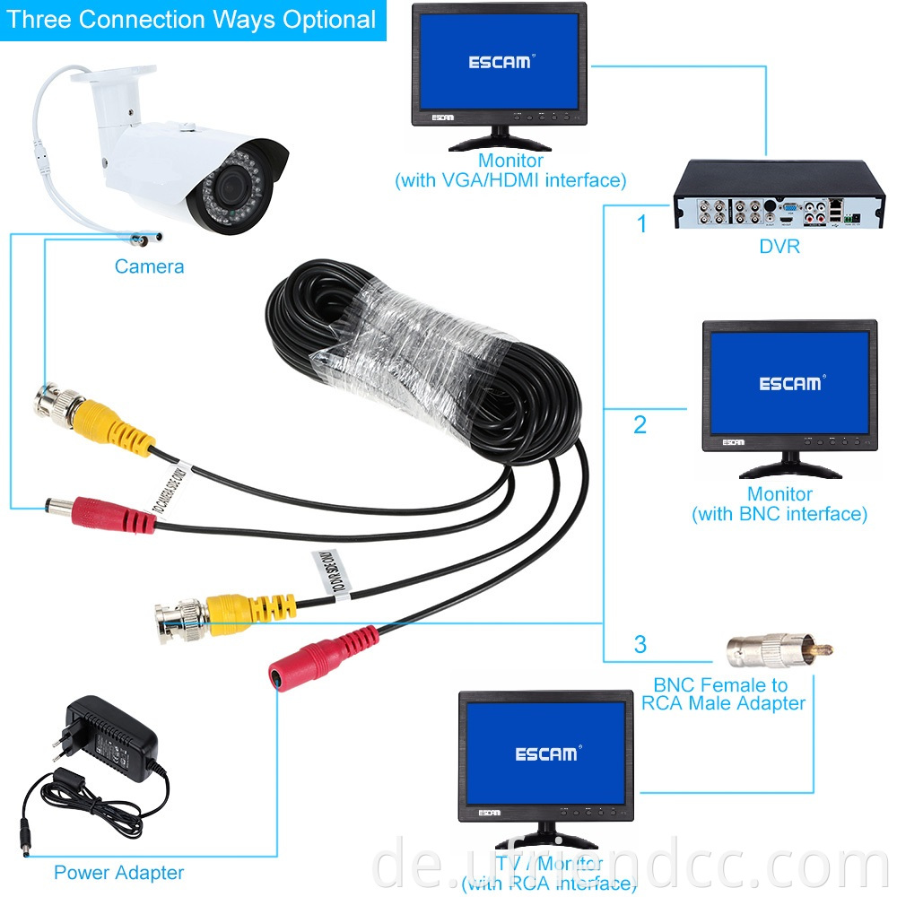 Benutzerdefinierte männliche an weibliche CCTV-Kamera-Sicherheitsanordnung RG59 Video BNC DC Power Cable Black / Weiß bloßes Kupfer Nicht geschützt CE RHOs